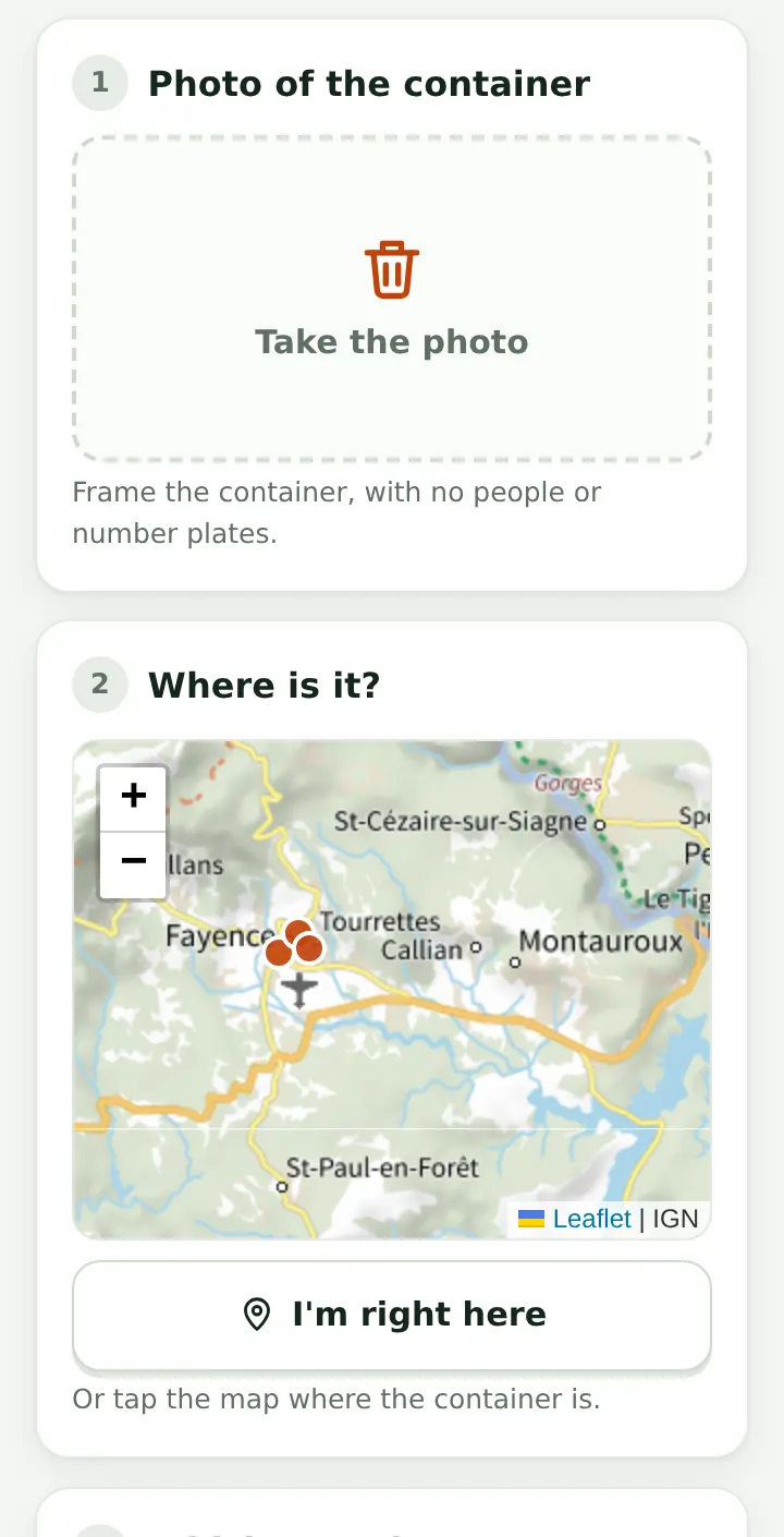 Full bin report in English: photo of the container and position on the map