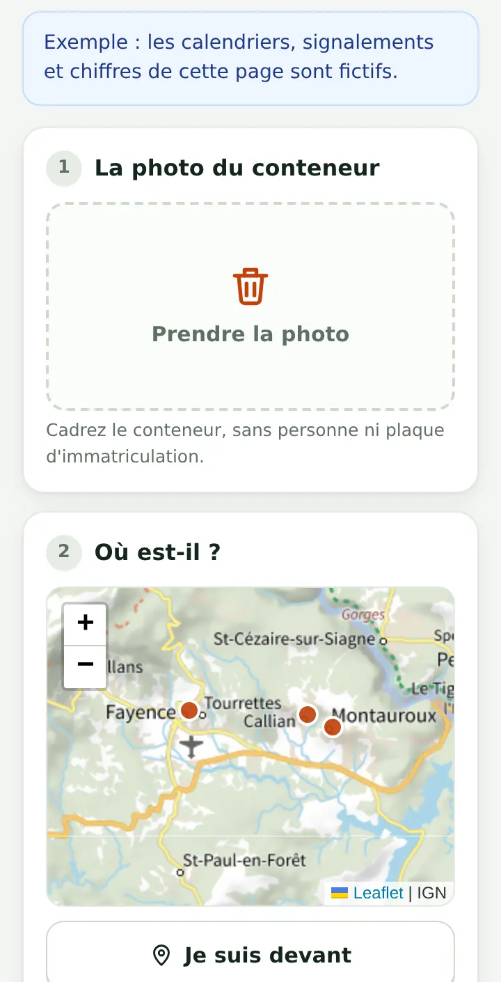 Signalement Bac plein côté habitant : photo du conteneur, position sur la carte, choix du conteneur