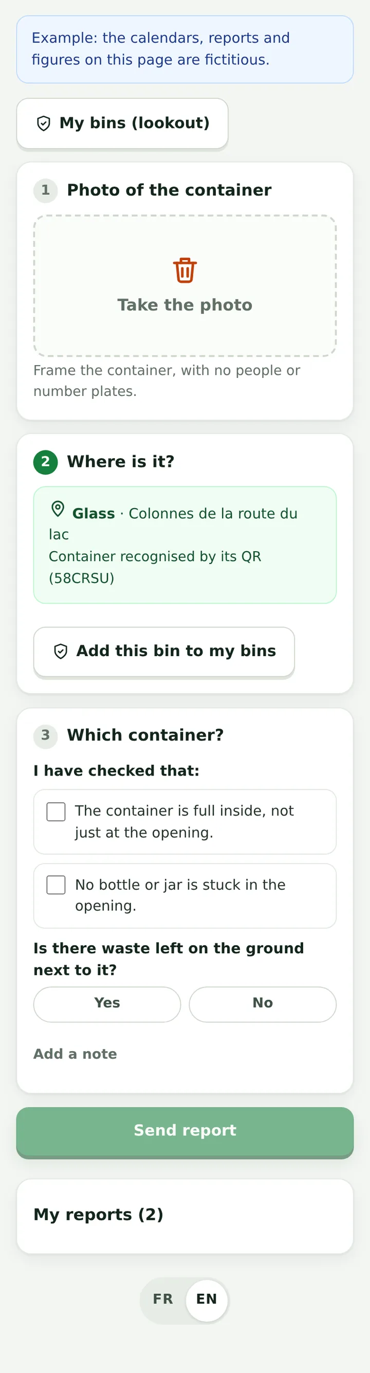 Full bin opened from the container's QR: container recognised, photo and checks