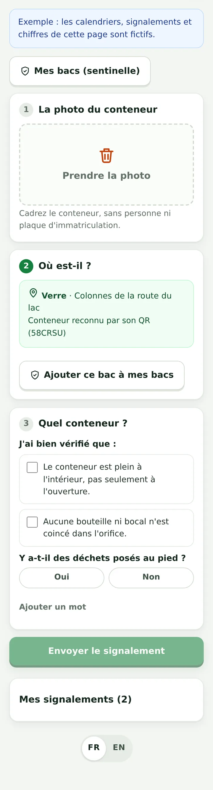 Bac plein ouvert par le QR du conteneur : conteneur reconnu, photo et vérifications