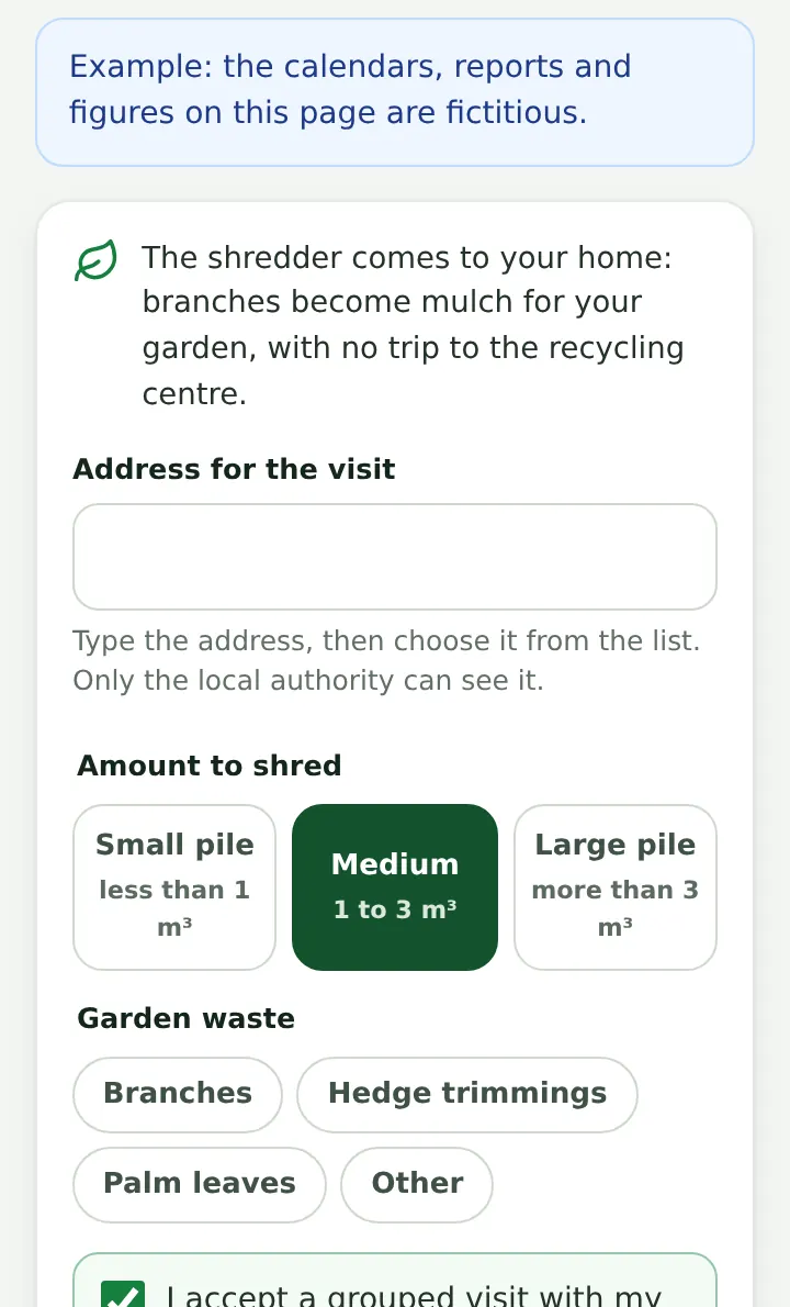 Shredding request in English: visit address, volume and type of garden waste
