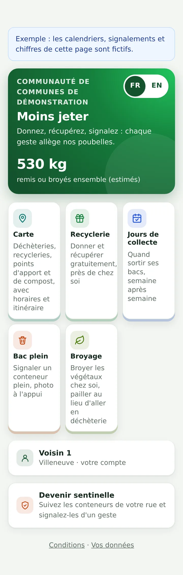 Accueil des habitants : outils de la collectivité, kilos remis ou broyés, compte et « Devenir sentinelle »