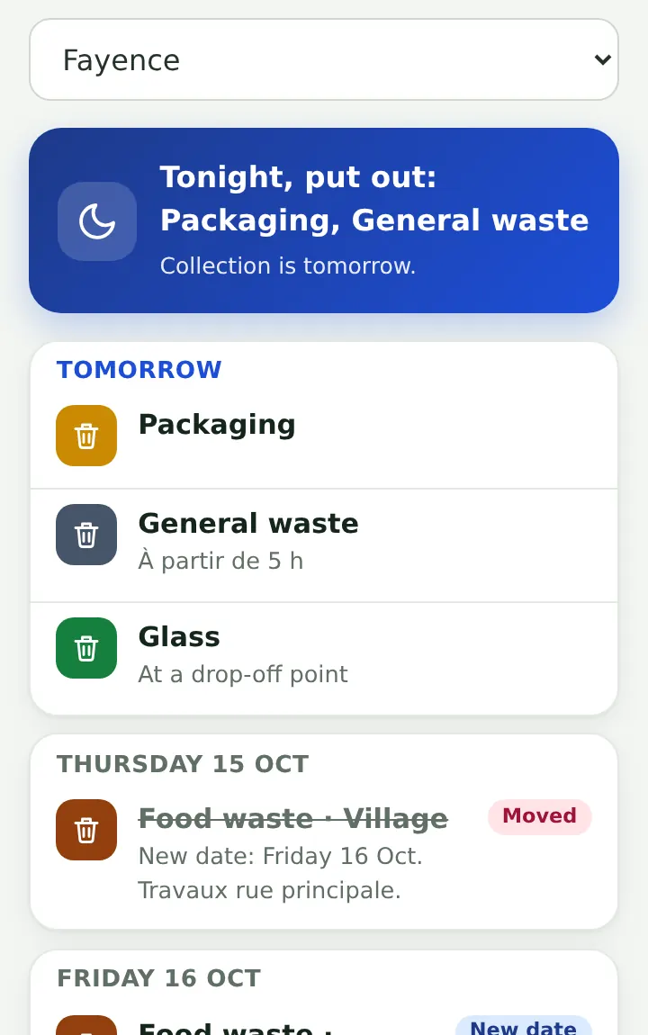Collection days screen in English: tonight, put out packaging and general waste