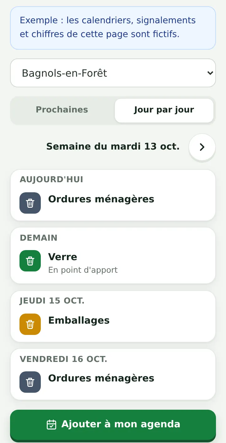 Écran Jours de collecte côté habitant : semaine du mardi 13 octobre, ordures ménagères, verre, emballages, bouton Ajouter à mon agenda