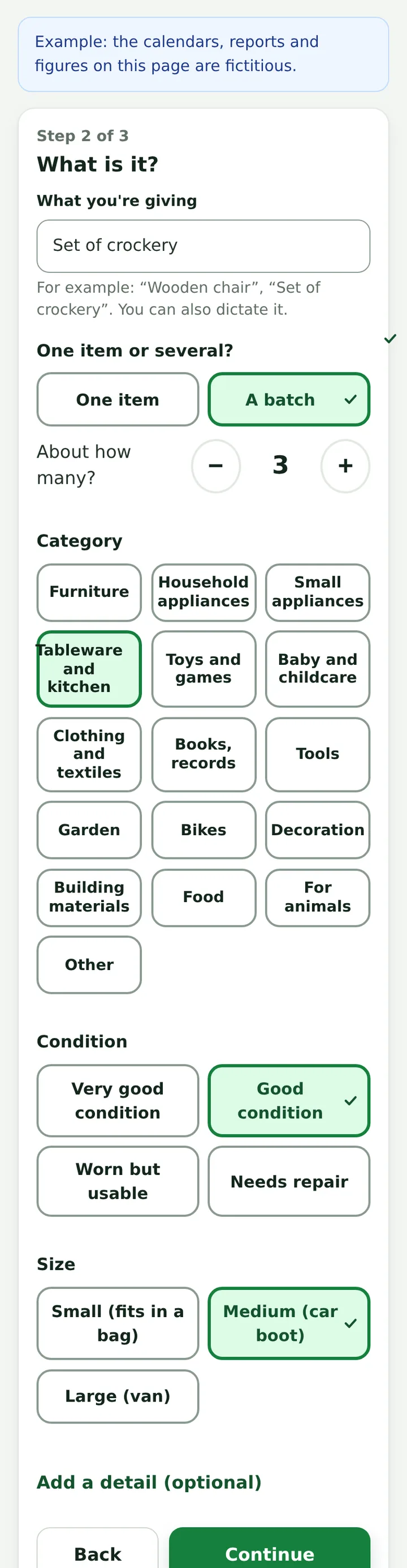 Recyclerie: posting a giveaway, “What is it?” screen, one item or a batch, category tiles