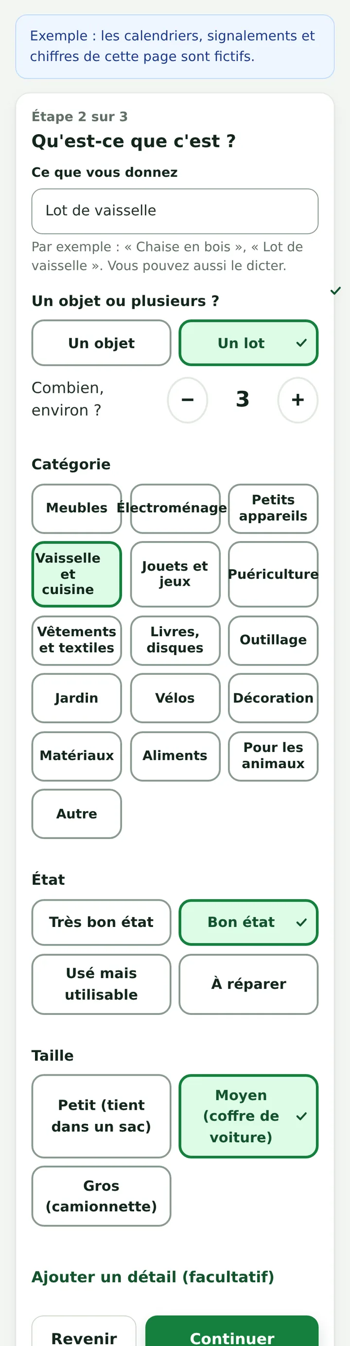 Recyclerie : déposer un don, écran « Qu'est-ce que c'est ? », objet ou lot, catégories en tuiles