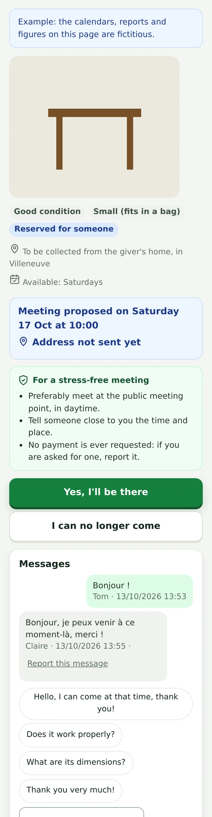 Recyclerie: meeting with date, time and place, safety tips, “Yes, I'll be there” and protected messages