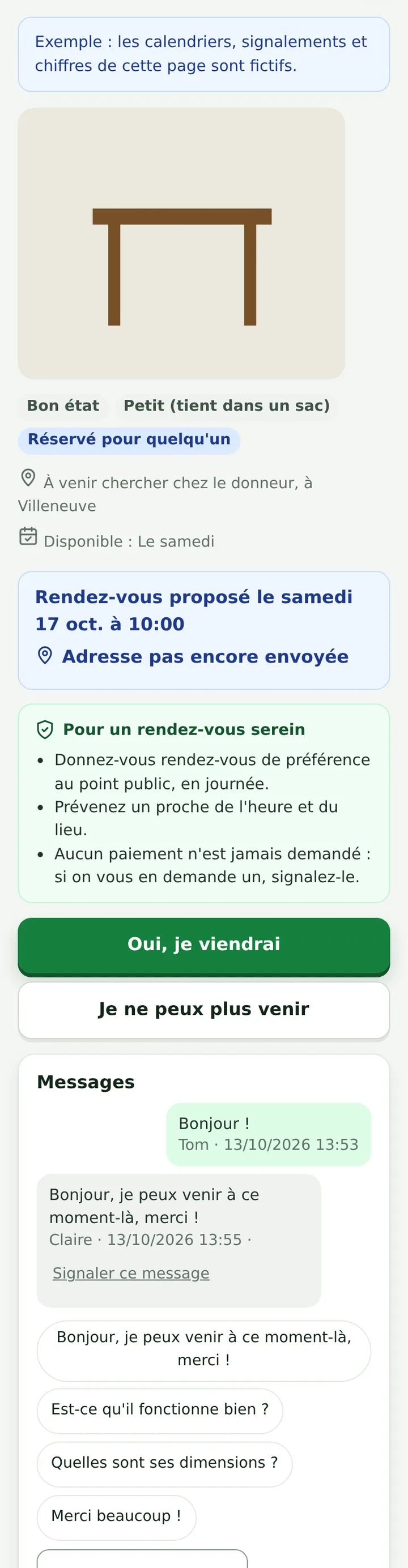 Recyclerie : rendez-vous avec date, heure et lieu, conseils de sécurité, « Oui, je viendrai » et messages protégés