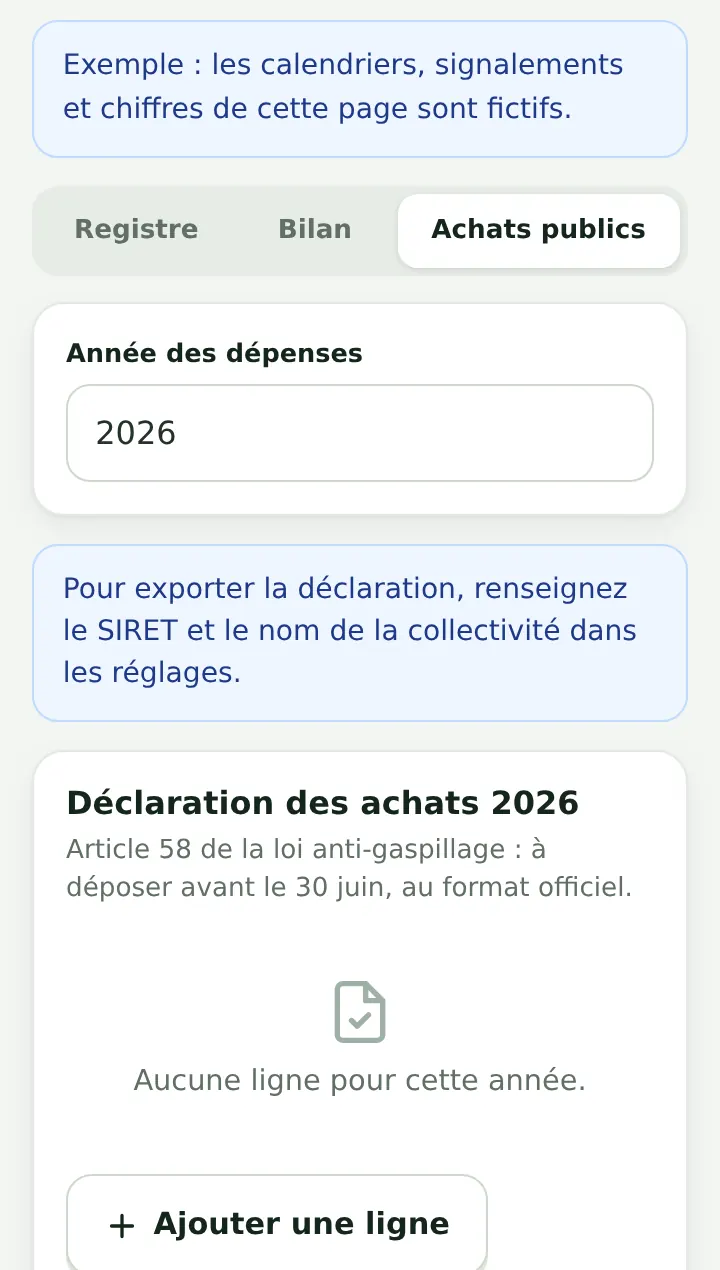Zone de réemploi, onglet Achats publics : déclaration des achats de l'article 58 de la loi anti-gaspillage, à déposer avant le 30 juin