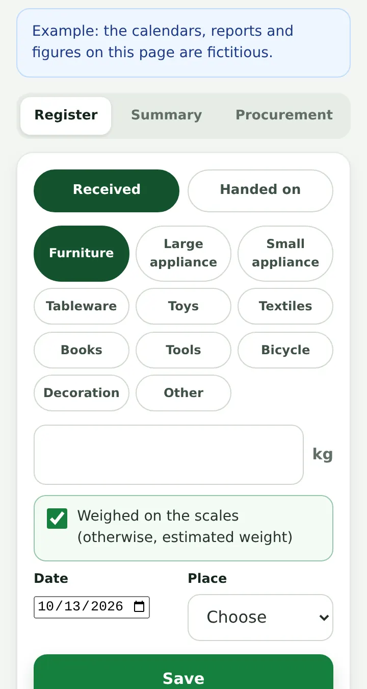 Reuse area register in English: items received and handed on, category and weight
