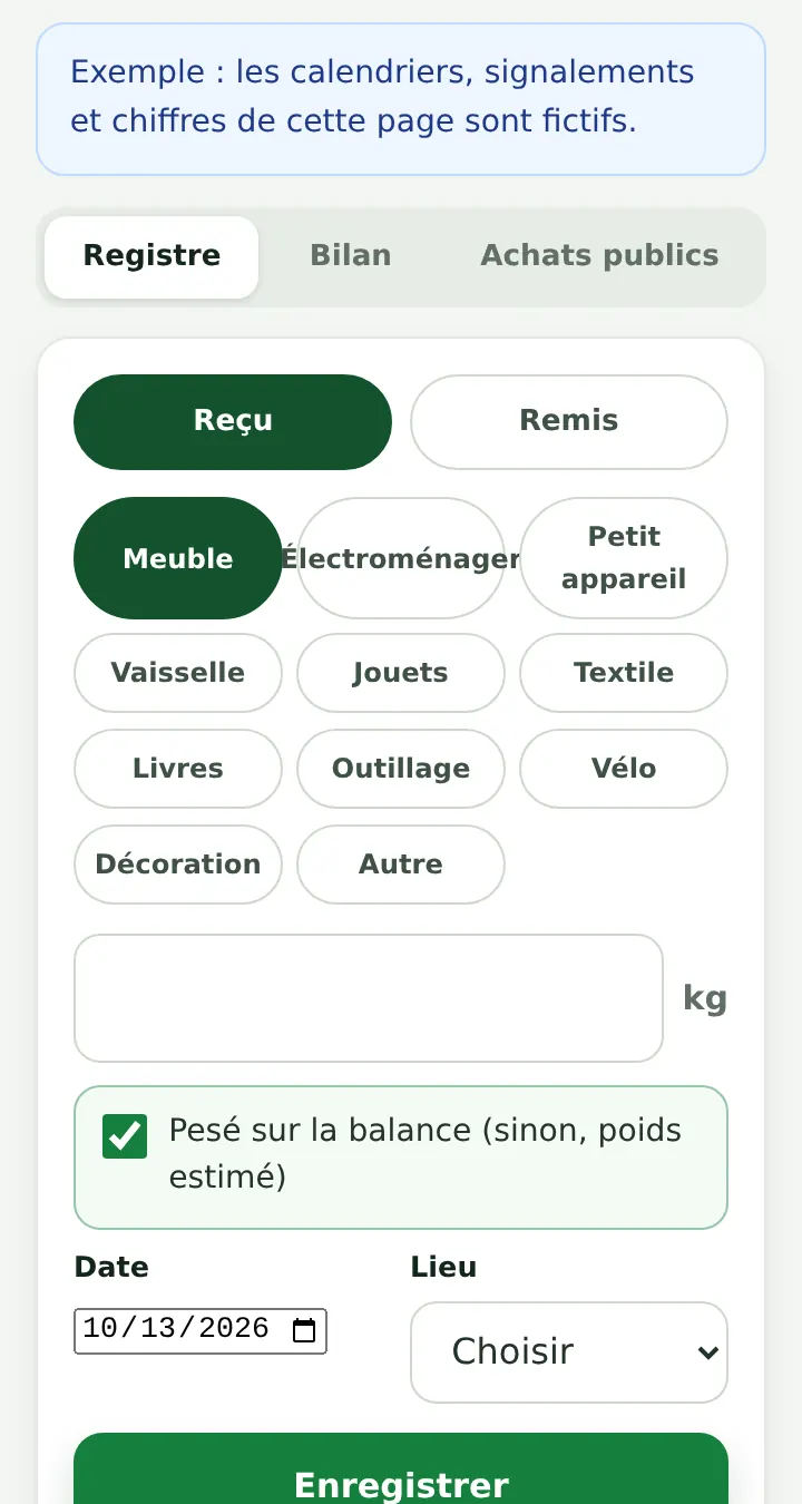 Zone de réemploi, onglet Registre : reçu ou remis, catégorie d'objet, poids, pesé sur la balance, date et lieu